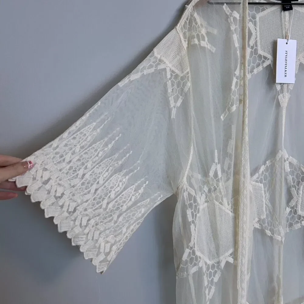 Stylestalker Long Embroidered Lace Bohemian Cardigan Kimono Cover Up Ivory